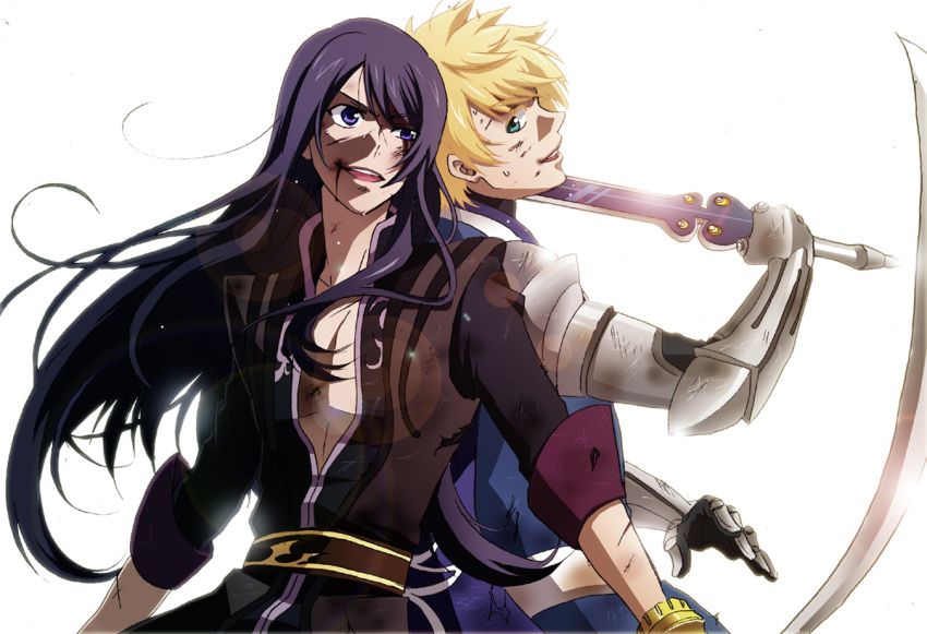 2boys armor back-to-back battle blonde_hair blood blue_eyes bruise cuts dorina flynn_scifo injury male_focus multiple_boys purple_hair scar smile sweat sword tales_of_(series) tales_of_vesperia torn_clothes violet_eyes weapon white_background yuri_lowell