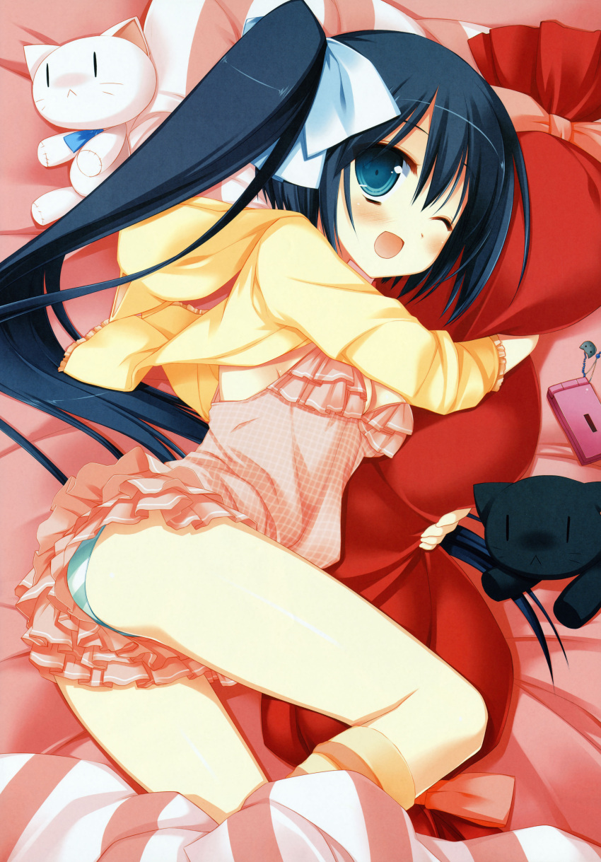 1girl ;d absurdres bed blue_eyes blue_hair blush cellphone checkered highres long_hair miyasu_risa one_eye_closed open_mouth panties phone side_ponytail smile solo striped striped_panties stuffed_animal stuffed_cat stuffed_toy underwear wink