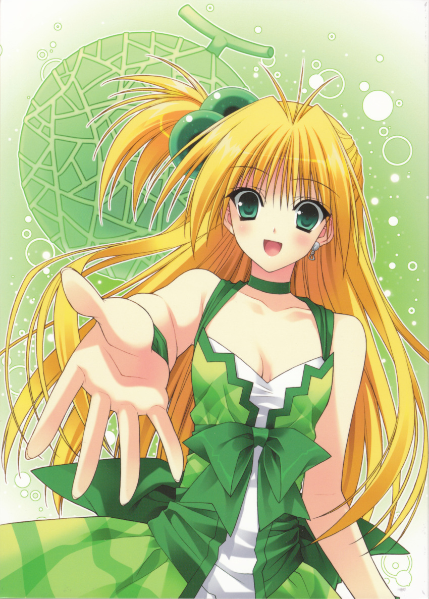 1girl :d absurdres akikan! bare_shoulders blonde_hair blush choker collarbone dress earrings foreshortening green_eyes highres jewelry long_hair looking_at_viewer melon_(akikan) open_mouth reaching ribbon smile solo suzuhira_hiro