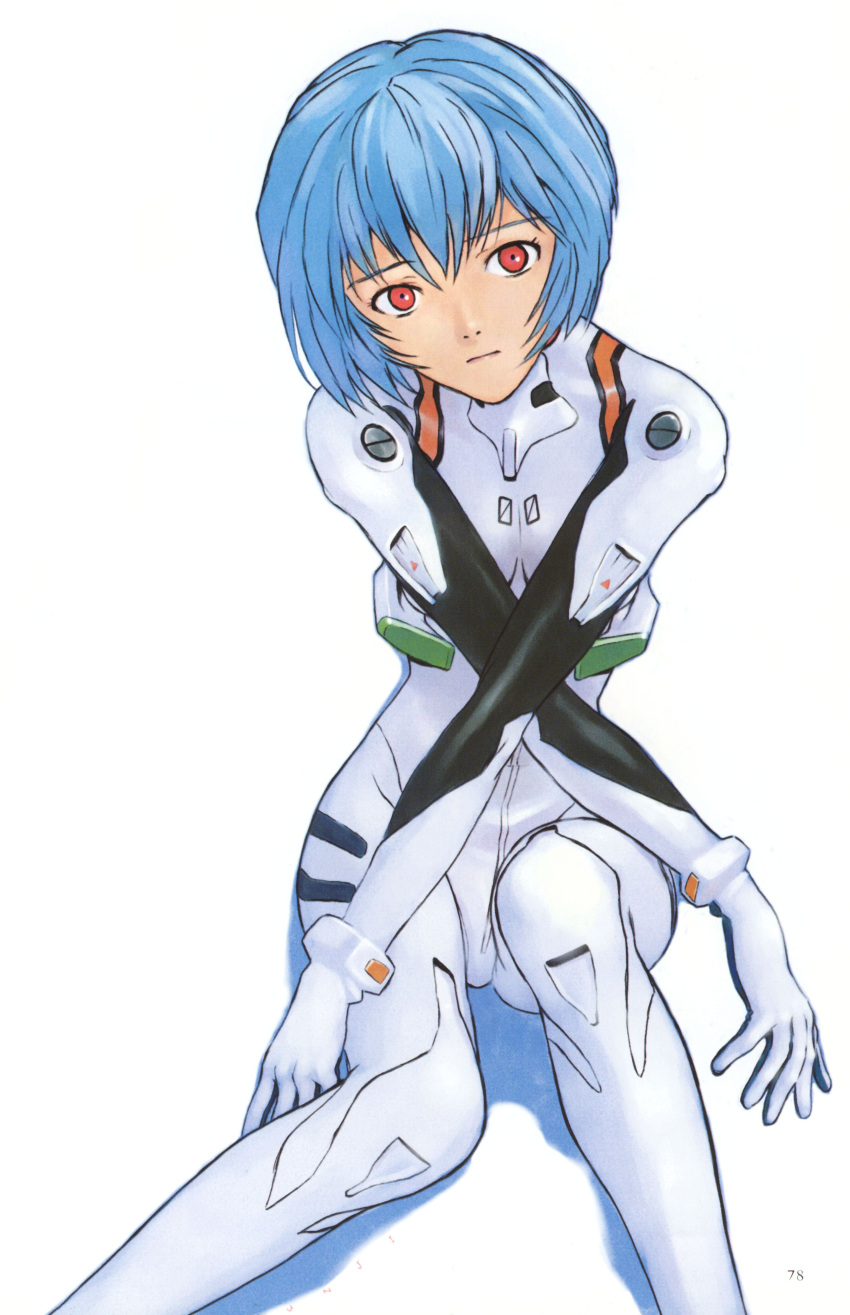 1girl absurdres artbook ayanami_rei bangs blue_hair bodysuit bracer breasts crossed_arms expressionless gloves head_tilt headgear highres looking_at_viewer neon_genesis_evangelion number official_art page_number pilot_suit plugsuit red_eyes scan shadow short_hair signature simple_background sitting skinny small_breasts solo suzuki_shunji white_background