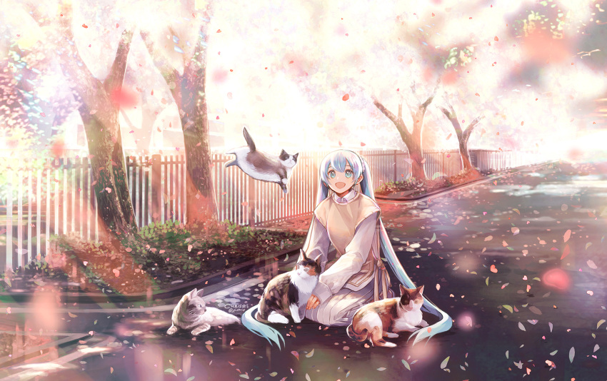 1girl aqua_hair bare_shoulders cat cherry_blossoms chris4708 commentary falling_petals fence hatsune_miku highres long_hair long_skirt open_mouth outdoors petals road scenery shirt skirt smile street tree twintails twitter_username very_long_hair vest vocaloid white_shirt white_skirt