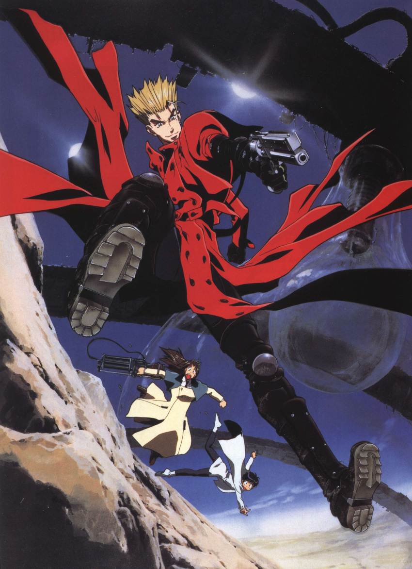 1boy 2girls absurdres armor black_hair blonde_hair blue_eyes boots brown_hair buttons capelet clenched_hand cloak clouds desert dress elbow_gloves falling fighting_stance gatling_gun gloves gun handgun highres holding jumping knee_pads long_coat long_hair meryl_strife meryl_stryfe milly_thompson mole mountain multiple_girls necktie official_art open_mouth outdoors outstretched_arms pantyhose pistol revolver ruins scan shin_guards short_dress short_hair sky smile spiky_hair spread_arms spread_legs sun trigun vash_the_stampede weapon wide-eyed