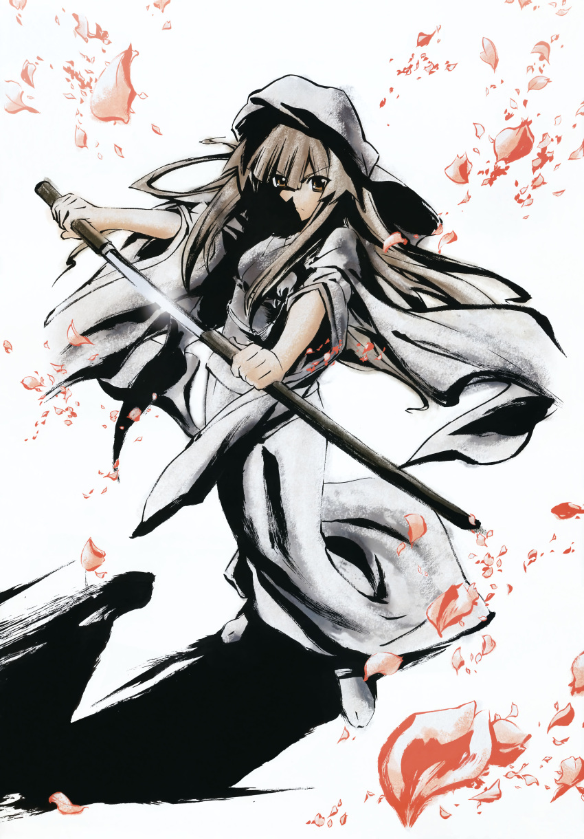 absurdres angry brown_eyes brown_hair highres japanese_clothes kimono long_hair seto_no_hanayome seto_san shadow sheath sword unsheathing weapon