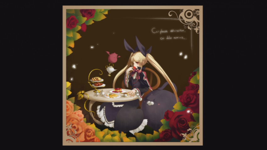 1girl arc_system_works bat blazblue blazblue:_calamity_trigger blonde_hair cat cup dress gii gothic_lolita lolita_fashion long_hair nago official_art rachel_alucard red_eyes ribbon sleeping solo sweets table teacup teapot translated twintails