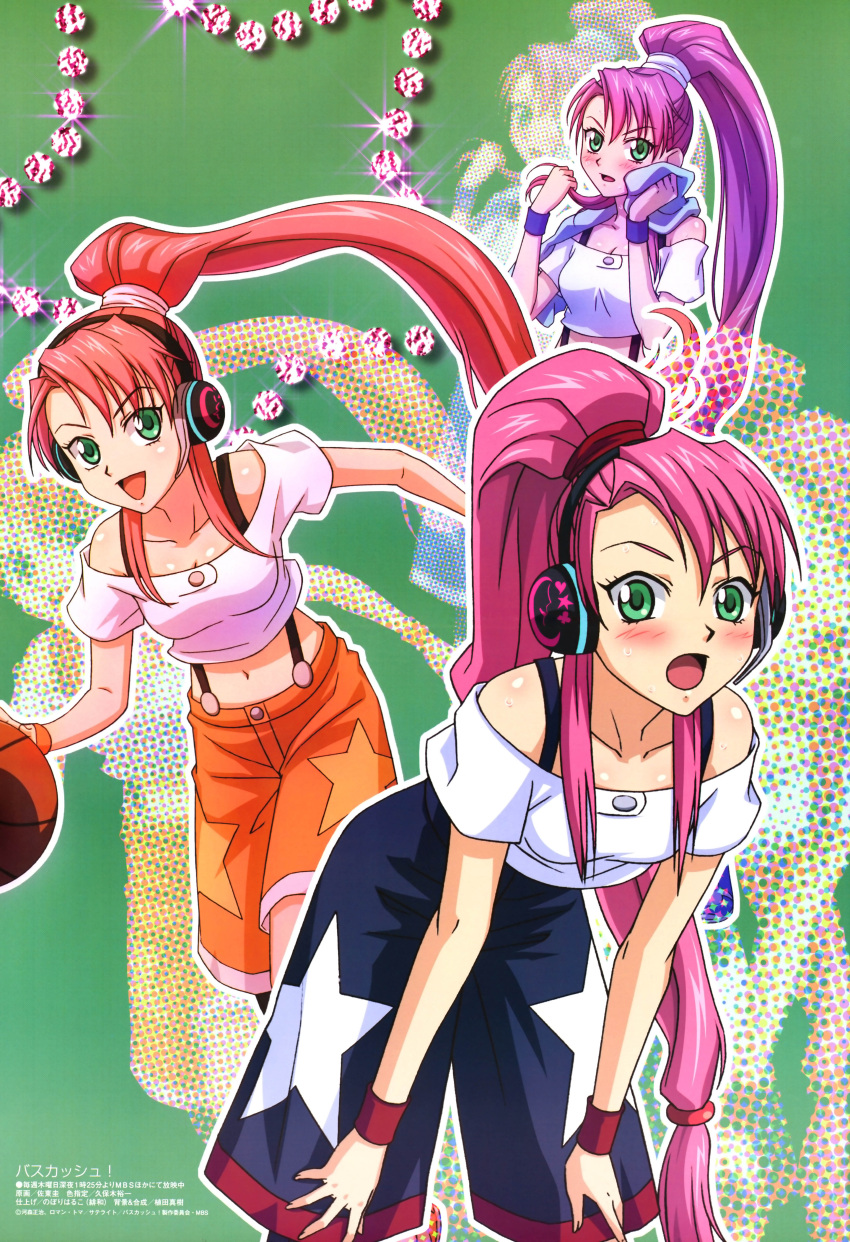 3girls :d :o absurdres alternate_hair_color ball bangs bare_shoulders basketball basquash! bent_over blush body_blush breasts citron crop_top floating_hair gem gradient green_background green_eyes halftone halftone_background hands_on_knees hands_on_own_knees headphones high_ponytail highres leaning_forward long_hair looking_at_viewer low-tied_long_hair megami midriff multiple_girls multiple_persona navel off_shoulder official_art open_mouth outline pink_hair ponytail purple_hair redhead rouge_(basquash) running satou_kei scan scrunchie short_sleeves shorts sidelocks small_breasts smile standing star star_print surprised suspenders sweat tied_hair towel towel_around_neck very_long_hair wristband zoom_layer