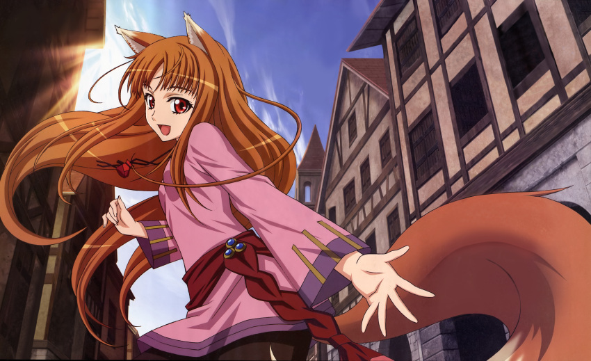1girl :d absurdres animal_ears brown_hair casual clouds dengeki_g's detexted highres holo jewelry long_hair necklace official_art open_mouth pouch red_eyes shinohara_kenji sky smile solo spice_and_wolf tail very_long_hair wolf_ears wolf_tail