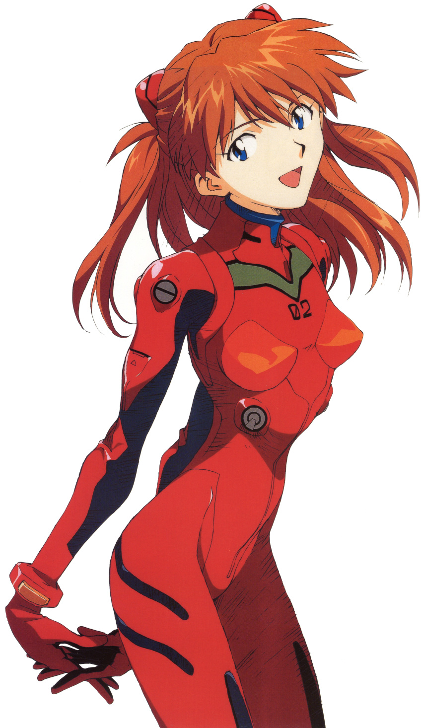 1girl :d absurdres arms_behind_back artbook bangs blue_eyes bodysuit bracer breasts cowboy_shot from_side gloves hair_ornament hands_together happy head_tilt highres honda_takeshi interlocked_fingers long_hair looking_at_viewer neon_genesis_evangelion number official_art open_mouth orange_hair perky_breasts pilot_suit plugsuit redhead scan simple_background skinny small_breasts smile solo souryuu_asuka_langley turtleneck white_background