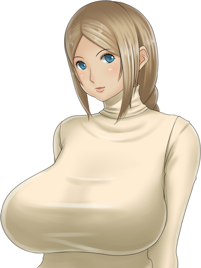 1girl alternate_color blue_eyes blush braid breasts brown_hair highres huge_breasts impossible_clothes impossible_shirt impossible_sweater lips long_hair monmonism original shirt single_braid solo sweater taut_clothes taut_shirt