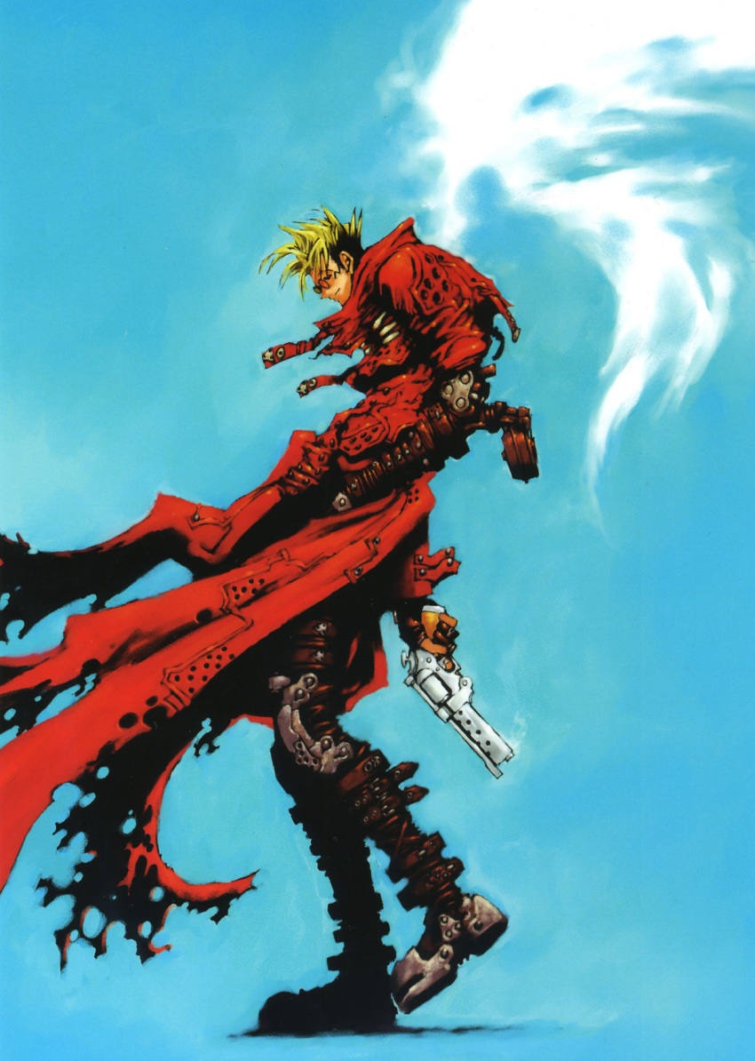 1boy black_hair blonde_hair clouds coat gun handgun high_collar highres long_coat male_focus mechanical_arm mechanical_leg multicolored_hair naitou_yasuhiro nightow_yasuhiro prosthesis prosthetic_arm prosthetic_leg red_coat revolver short_hair solo spiky_hair sunglasses torn_clothes trigun trigun_maximum two-tone_hair vash_the_stampede weapon