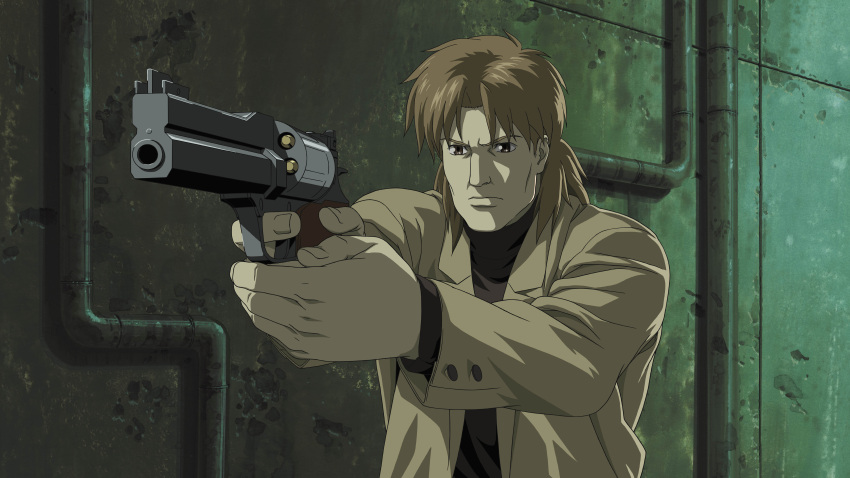 1boy absurdres brown_hair coat ghost_in_the_shell ghost_in_the_shell_stand_alone_complex gun handgun highres male_focus revolver solo togusa weapon