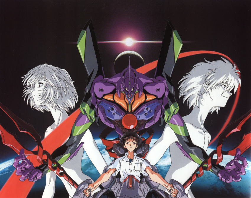 absurdres ayanami_rei eva_01 highres ikari_shinji lance_of_longinus lilith_(ayanami_rei) lilith_(nagisa_kaworu) mecha moon nagisa_kaworu neon_genesis_evangelion nude official_art pale_skin red_eyes scan short_hair space weapon