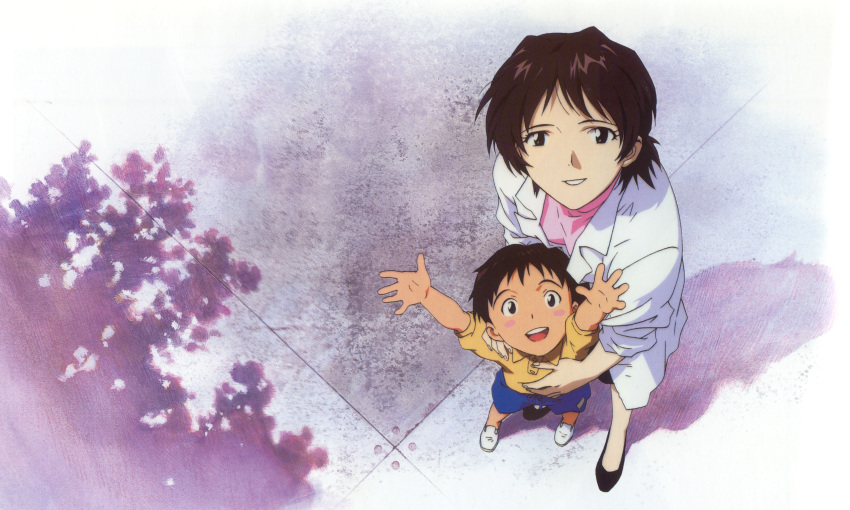 absurdres age_difference brown_hair highres ikari_shinji ikari_yui labcoat mother_and_son neon_genesis_evangelion official_art scan short_hair younger