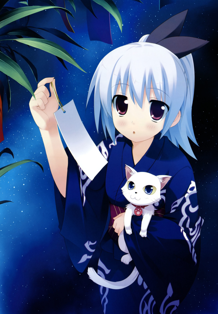 absurdres blue_hair cat hidamari_basket highres japanese_clothes kiba_satoshi kimono koizumi_mayu tanabata tanzaku violet_eyes
