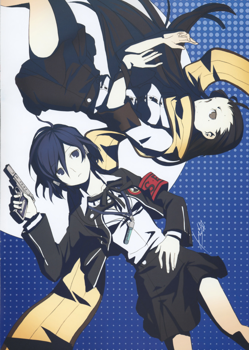 2girls absurdres arisato_minato atlus evoker genderswap genderswap_(mtf) gun h2so4 highres huge_filesize mochizuki_ryouji multiple_girls persona persona_3 scan school_uniform tearfish weapon yuuki_makoto