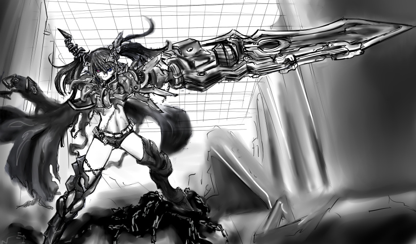 1girl armor belt black_hair black_rock_shooter boots chains gauntlets greaves hatsune_miku heterochromia highres huge_weapon insane_black_rock_shooter ledjoker07 long_hair midriff monochrome scar shorts sketch solo spot_color thigh-highs thigh_boots violet_eyes vocaloid weapon work_in_progress