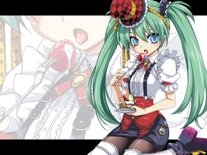 1girl blue_eyes cake cream eating food fork frills fruit gathers green_hair hat highres hotori_(sion) kneeling long_hair pantyhose plate puffy_sleeves shoes skirt solo strawberry thigh-highs top_hat twintails waitress white_legwear zoom_layer