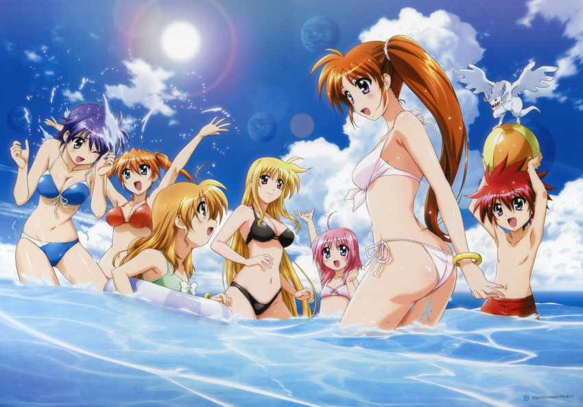 1boy 6+girls :d ;d absurdres age_difference ahoge arm_up armpits arms_up ass ball bangs beachball bikini black_bikini blonde_hair blue_eyes blue_hair blush bow bow_bikini bracelet breasts butt_crack caro_ru_lushe child cleavage clenched_hand clouds cute dragon erio_mondial everyone eye_contact fate_testarossa female_swimwear flat_chest friedrich front-tie_bikini front-tie_top green_bikini green_eyes groin hair_between_eyes highres innertube jewelry large_breasts leaning lens_flare light_smile long_hair looking_at_another lowleg lowleg_bikini lyrical_nanoha mahou_shoujo_lyrical_nanoha_strikers male_swimwear moon mound_of_venus multiple_girls navel ocean official_art okuda_yasuhiro one_eye_closed open_mouth orange_hair outdoors outstretched_arms partially_submerged pink_bikini pink_hair planet profile purple_hair red_bikini red_eyes redhead scan scrunchie short_hair short_twintails side-tie_bikini side_ponytail sidelocks sky smile spiky_hair splashing standing subaru_nakajima summer sun swim_trunks swimsuit swimwear takamachi_nanoha teana_lanster twintails very_long_hair violet_eyes vivio wading water wet white_bikini white_swimsuit wide_hips wince wink