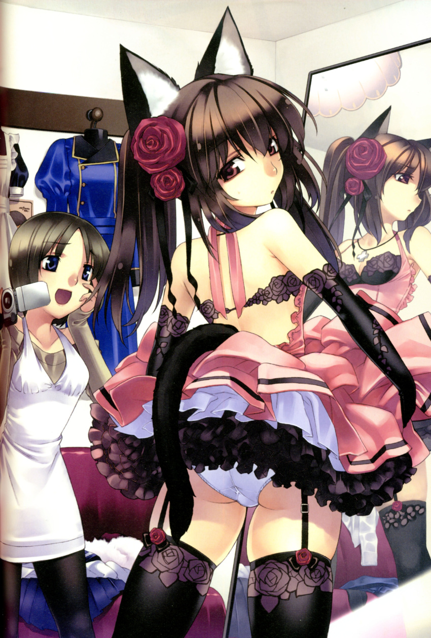 2girls :&lt; :d absurdres animal_ears ass bare_shoulders black_gloves black_legwear blue_eyes blue_hair brown_hair camera cat_ears cat_tail cowboy_shot cross cross_necklace elbow_gloves flower from_behind garter_belt garter_straps gloves hair_flower hair_ornament hand_on_own_cheek highres hirano_katsuyuki indoors lace lace-trimmed_gloves lace-trimmed_thighhighs long_hair looking_at_another looking_at_viewer looking_back mirror multiple_girls open_mouth original panties pantyhose petticoat red_eyes red_rose reflection rose short_hair skirt skirt_lift smile source_request standing tail thigh-highs trefoil twintails underbust underwear white_panties