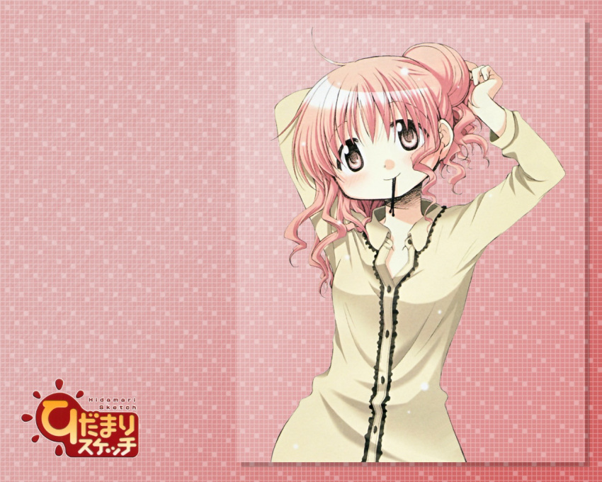 1girl adjusting_hair aoki_ume blush double_bun female hidamari_sketch hiro mouth_hold official_art pajamas pink_hair redhead smile solo wallpaper