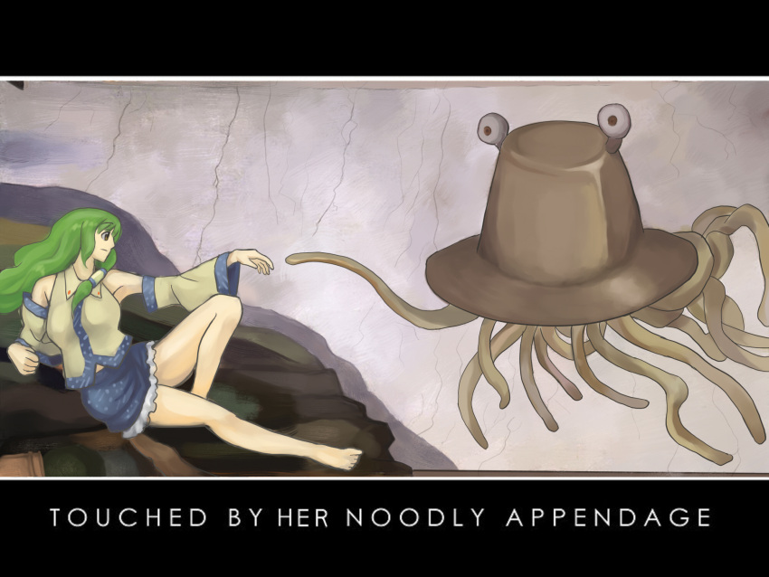 1girl 4423 barefoot detached_sleeves english feet female fine_art_parody flying_spaghetti_monster frills green_hair hat highres kochiya_sanae leg_up legs long_hair moriya_suwako outstretched_arm outstretched_hand parody pyonta reaching skirt tentacle the_creation_of_adam touhou