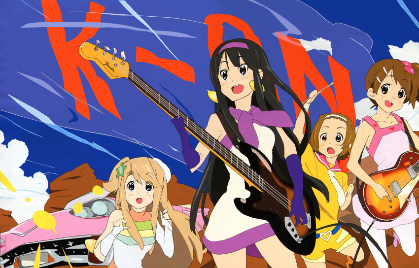 4girls absurdres akiyama_mio bass_guitar black_eyes black_hair blonde_hair blue_eyes brown_eyes brown_hair cadillac car casual detexted drumsticks elbow_gloves fuwafuwa_time gloves ground_vehicle guitar hairband headband highres hirasawa_yui instrument ishidate_taichi k-on! kotobuki_tsumugi les_paul long_hair mod_fashion motor_vehicle multiple_girls official_art pantyhose short_hair tainaka_ritsu vehicle very_long_hair white_legwear