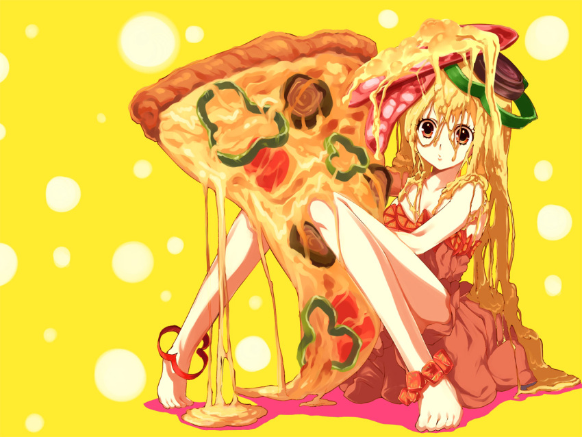 1girl anklet bad_id barefoot blonde_hair breasts cheese cleavage dress dripping feet food food_as_clothes food_on_head food_themed_clothes in_food jewelry long_hair medium_breasts messy minigirl mizuto_umi_(blue_monday) narumi_(blue_monday) object_on_head original pepper pepperoni pizza sitting solo strapless_dress tomato wallpaper yellow_eyes