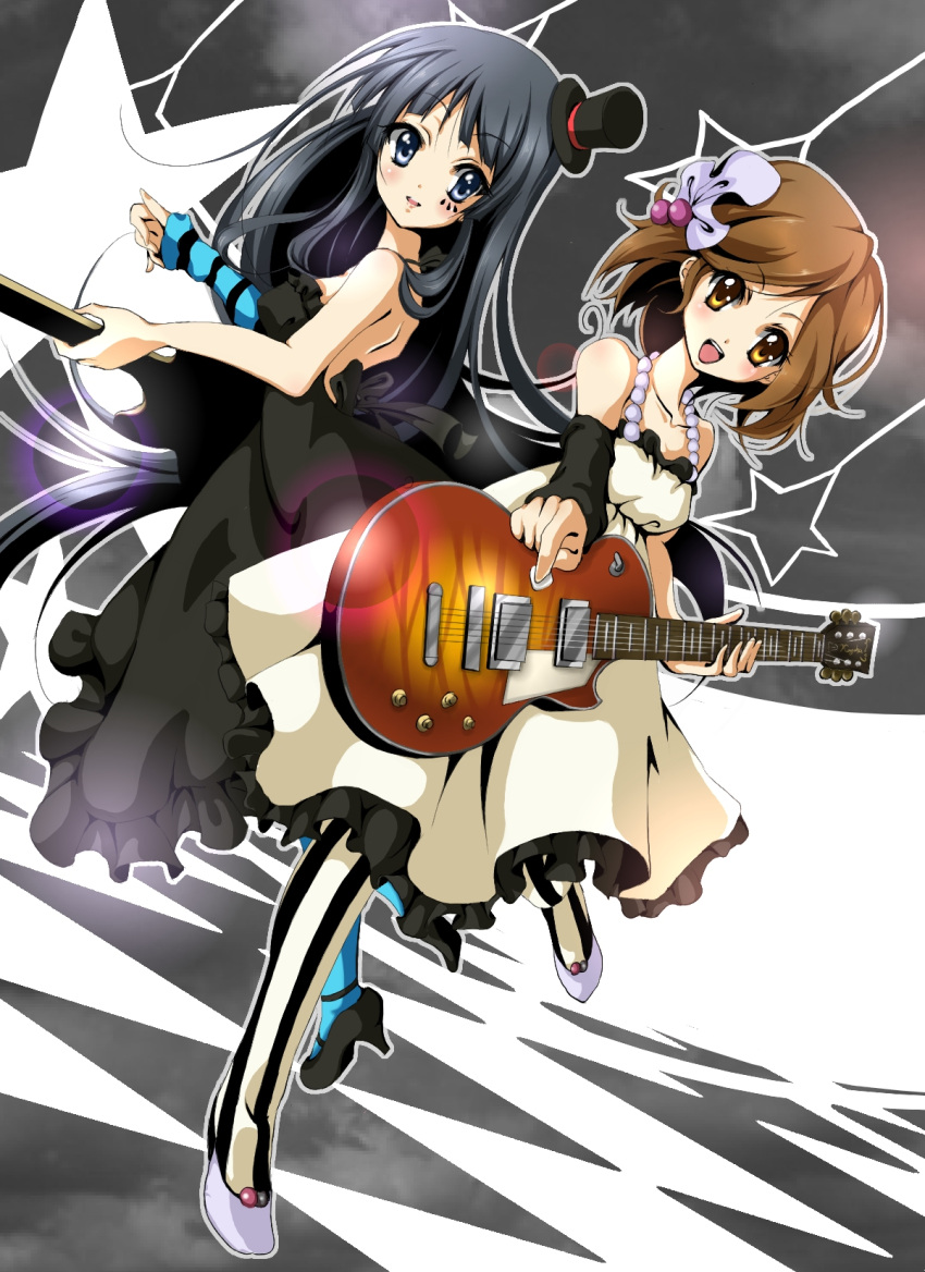 2girls akiyama_mio arm_warmers bad_id bass_guitar black_&amp;_white black_dress blue_legwear checkered checkered_floor don't_say_"lazy" dress facepaint floor guitar hat highres hirasawa_yui instrument k-on! kujou_ichiso les_paul mini_hat mini_top_hat multiple_girls pantyhose paterned_legwear patterned_legwear shoes striped striped_legwear top_hat vertical-striped_legwear vertical_stripes white_dress