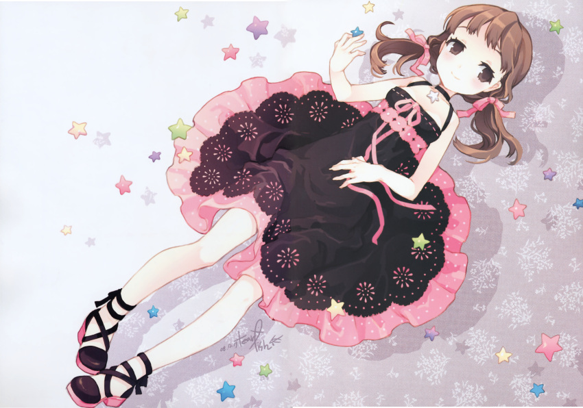 1girl absurdres atlus brown_eyes brown_hair child doujima_nanako dress face hair_ribbon highres huge_filesize jewelry lying necklace on_back persona persona_4 ribbon scan scan_artifacts shoes smile solo star tearfish twintails