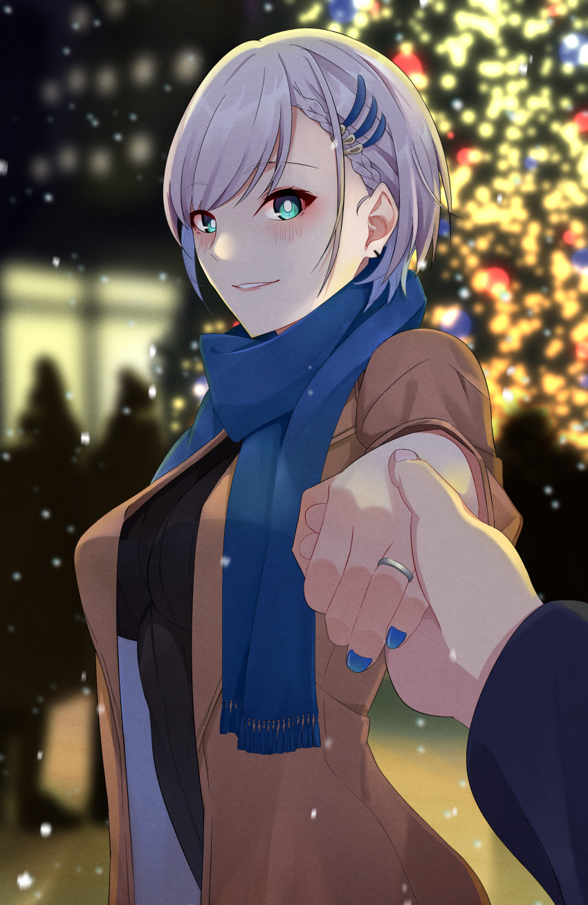 1girl absurdres bangs black_sweater blanc_(studio_artblock) blue_eyes blue_nails blue_scarf blurry blurry_background blush bright_pupils brown_jacket christmas_tree eyebrows_visible_through_hair highres holding_hands hololive hololive_indonesia jacket jewelry looking_at_viewer pavolia_reine pov ribbed_sweater ring scarf short_hair snowing solo_focus sweater virtual_youtuber white_pupils