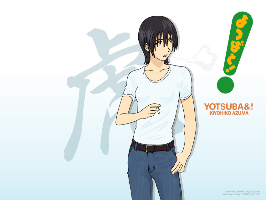 1girl belt black_hair cigarette denim highres jeans pants short_hair solo torako_(yotsubato!) wallpaper yotsubato!