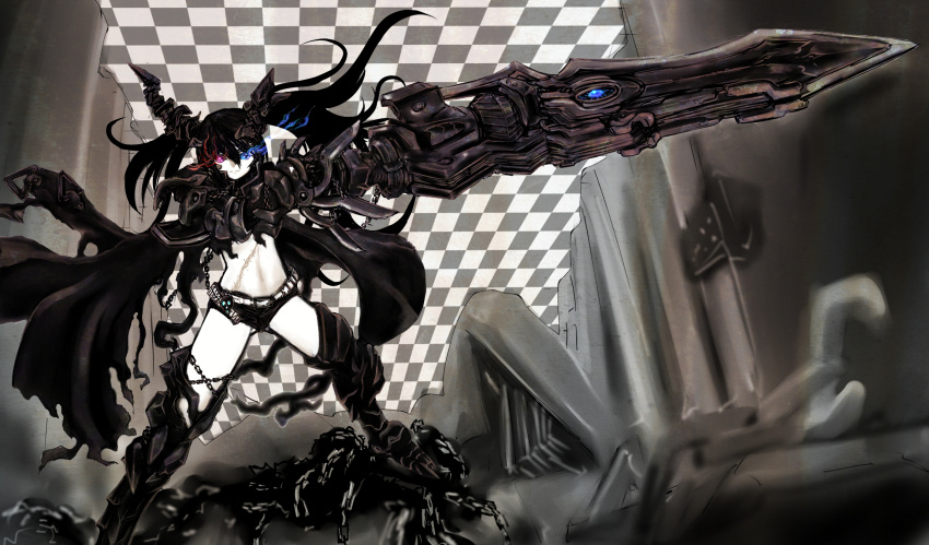 armor belt black_hair black_rock_shooter boots chains gauntlets greaves heterochromia highres huge_weapon insane_black_rock_shooter ledjoker07 long_hair midriff pale_skin scar shorts sketch thigh-highs thigh_boots violet_eyes weapon