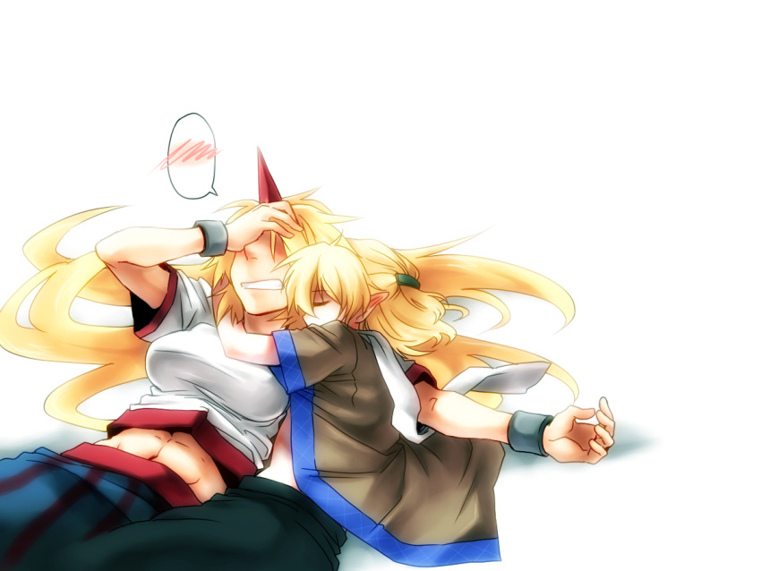 2girls abs bad_id blonde_hair closed_eyes female horn horns hoshiguma_yuugi hug lying mizuhashi_parsee multiple_girls on_back on_side rex rex_k sleeping touhou