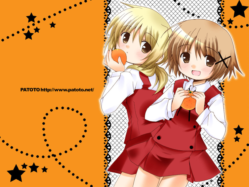 blonde_hair brown_hair food fruit hidamari_sketch miyako orange school_uniform wallpaper yuno