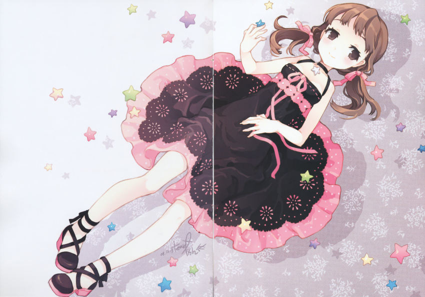 absurdres atlus brown_eyes brown_hair child doujima_nanako dress face hair_ribbon highres huge_filesize lying on_back persona persona_4 ribbon scan scan_artifacts smile star tearfish twintails