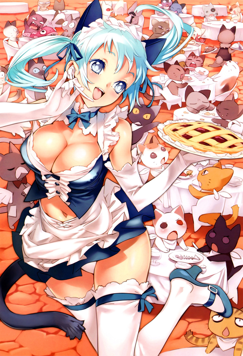 1girl absurdres animal animal_ears apron aqua_hair blue_eyes breasts cat cat_ears cat_tail cleavage elbow_gloves frills girl's_avenue gloves headset high_heels highres large_breasts long_hair mary_janes megami navel nishieda official_art original panties pantyshot pie restaurant ribbon shoes smile solo table tail thigh-highs too_many too_many_cats twintails underwear waitress white_legwear