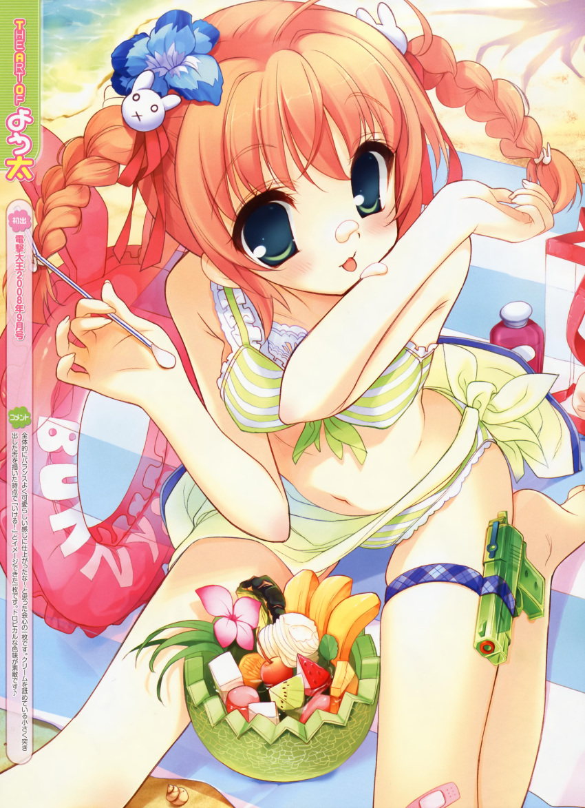 1girl absurdres bangs barefoot bikini blush braid character_request female food front-tie_top fruit green_eyes hands highres holster innertube looking_at_viewer orange_hair sarong solo source_request striped striped_bikini striped_swimsuit swimsuit thigh_holster tongue twin_braids water_gun youta