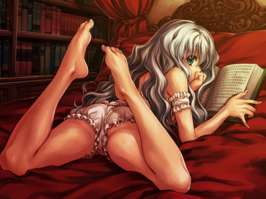 1girl arm_garter ass bad_id barefoot bed bed_sheet bedroom bloomers book bookshelf canopy_bed chin_rest curly_hair feet from_behind green_eyes hands highres legs_up lingerie long_hair long_legs looking_back lying miura_yui on_stomach original panties pillow profile reading silver_hair solo spread_legs toe-point toes underwear wallpaper