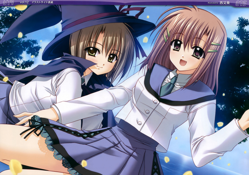 2girls absurdres brown_hair cleenex_tissue ellyeir_pulp fang hair_ornament hairclip hat highres judgement_chime multiple_girls nishimata_aoi open_mouth petals ribbon school_uniform short_hair smile witch_hat yellow_eyes