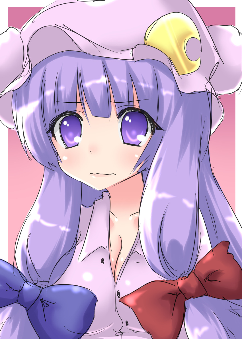 absurdres bad_id breasts cleavage crescent hair_ribbon hat highres long_hair naze patchouli_knowledge purple_eyes purple_hair ribbon solo touhou violet_eyes