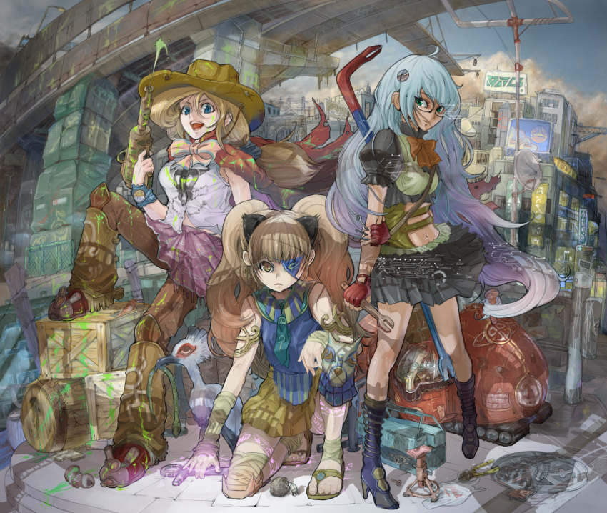 bird blonde_hair blue_eyes blue_hair bow bridge brown_hair building city cityscape cloud clouds eyepatch glasses gun hat high_heels lamp_post lamppost landscape maruki necktie original power_lines scenery shoes sign signs sky smile spanner thigh-highs thighhighs weapon wrench