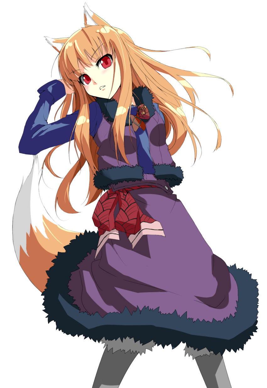 blush brown_hair dress grune grune_(artist) highres holo long_hair red_eyes simple_background skirt spice_and_wolf tail wolf_ears