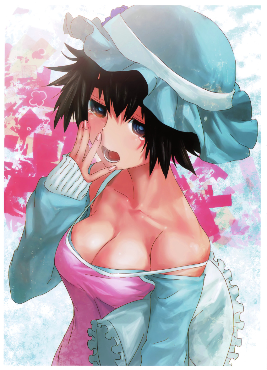 1girl absurdres bare_shoulders black_hair breasts brown_eyes camisole cleavage eyebrows hand_to_own_mouth hat highres huge_filesize huke scan shiina_mayuri short_hair sleeves_past_wrists solo steins;gate strap_gap strap_slip tears yawning