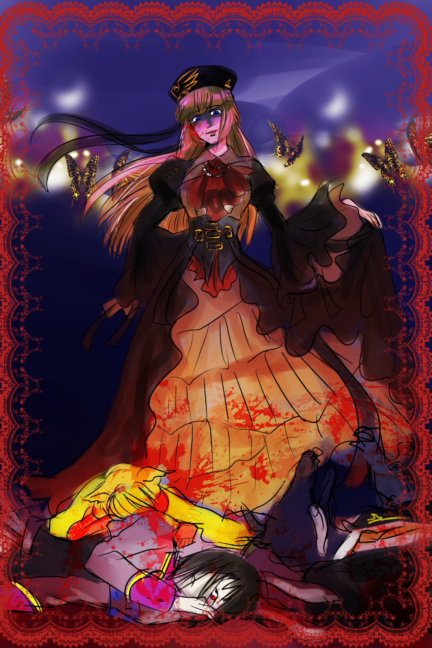 blonde_hair blood butterfly corpse death dress highres hime_cut purple_hair red_eyes rosa_beatrice sakutarou siesta556 siesta_sisters umineko_no_naku_koro_ni ushiromiya_rosa zonsters