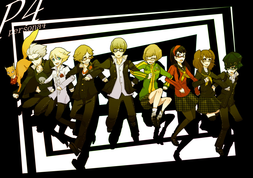 androgynous bad_id black_hair blonde_hair brown_hair cabbie_hat flower fox glasses grey_hair grin hanamura_yousuke hat headphones headphones_around_neck jacket jumping kosaji_(pixiv103007) kujikawa_rise kuma_(persona_4) miniskirt narukami_yuu pants pantyhose persona persona_4 reverse_trap satonaka_chie school_uniform seta_souji shirogane_naoto short_hair skirt smile sunglasses surprise surprised sweatdrop tatsumi_kanji thigh-highs thighhighs tomboy trousers twintails zettai_ryouiki