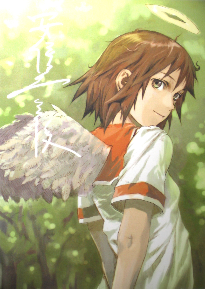 angel_wings brown_eyes brown_hair haibane_renmei halo highres looking_back messy_hair rakka sailor_collar school_uniform static_cling wings yoshitoshi_abe