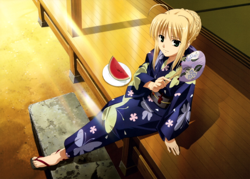 1girl absurdres ahoge blonde_hair fan fate/stay_night fate_(series) food fruit green_eyes highres huge_filesize ishino_satoshi japanese_clothes kimono lossy-lossless paper_fan saber sandals scan sitting solo type-moon uchiwa watermelon yukata