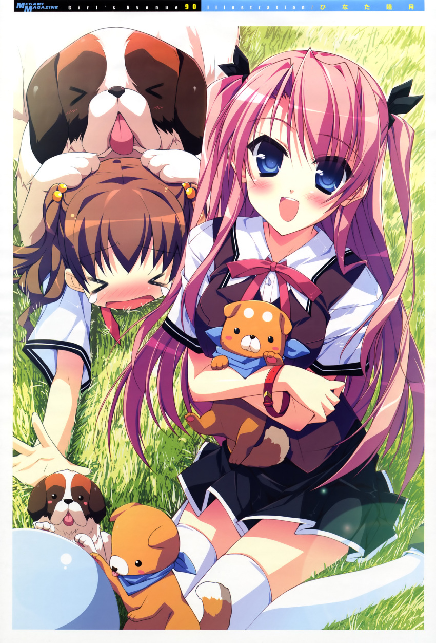 absurdres blue_eyes blush brown_hair dog girl's_avenue highres hinata_mutsuki megami open_mouth pack_of_dogs school_uniform sitting thigh-highs