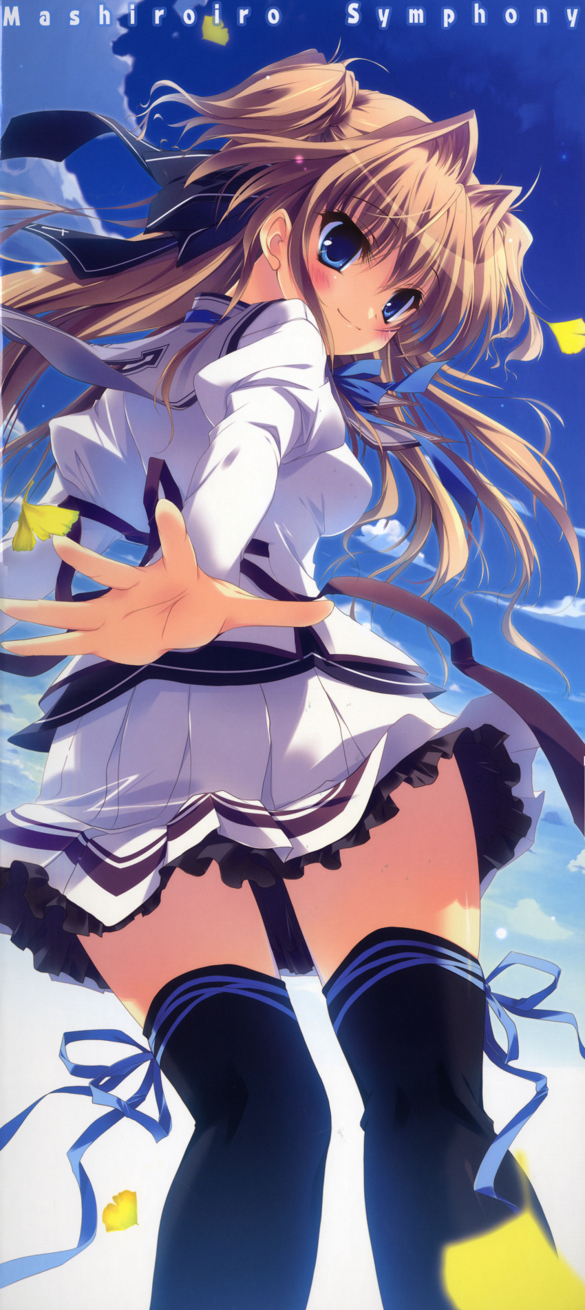 1girl absurdres black_legwear blue_eyes blush brown_hair copyright_name hair_intakes hair_ribbon highres izumi_tsubasu long_hair long_image looking_back mashiroiro_symphony outstretched_arm outstretched_hand pleated_skirt ribbon sena_airi skirt smile solo stick_poster tall_image thigh-highs thigh_ribbon two_side_up zettai_ryouiki