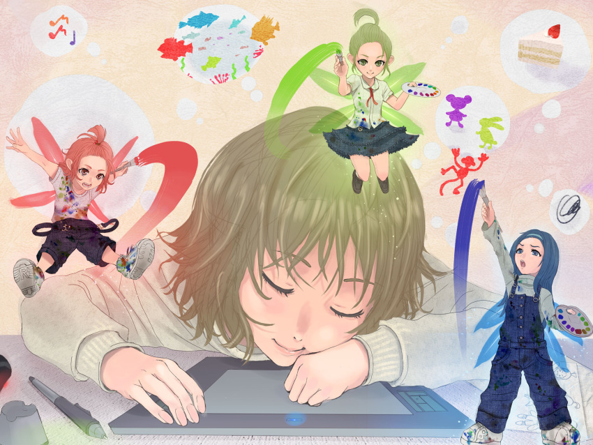 art_brush blue_hair brown_hair brush closed_eyes green_hair highres honoji minigirl oekaki_girl oekaki_musume original paintbrush redhead sleeping tablet wacom