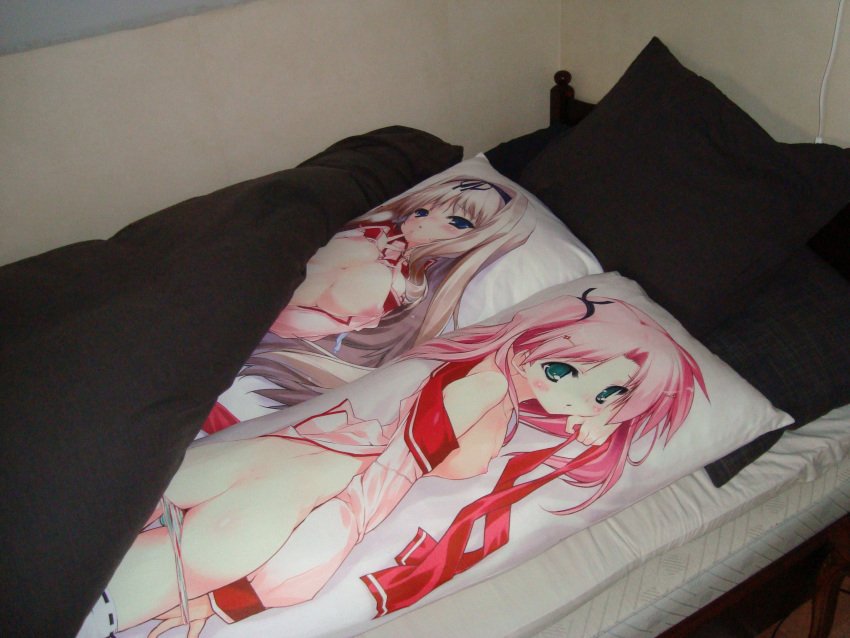 2girls bedroom black_eyes black_hair blonde_hair dakimakura highres kusugawa_sasara lonely maaryan multiple_girls otaku otaku_room photo red_eyes redhead to_heart_2